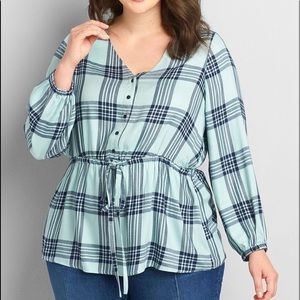PLUS Lane Bryant Navy & Mint Green Plaid Blouse
